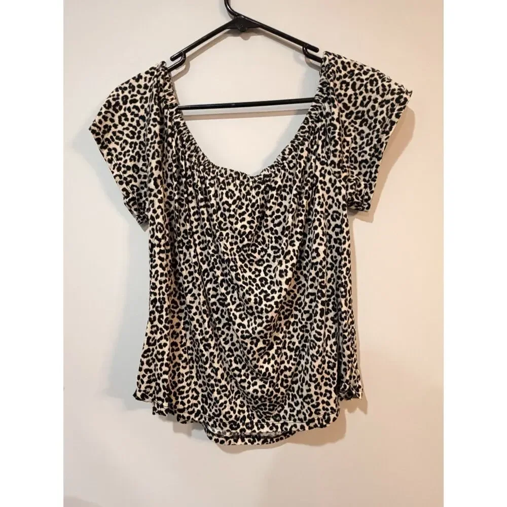 Michael Kors Leopard Print Ruched Peasant Top Women’s Large Short Sleeve Stretch